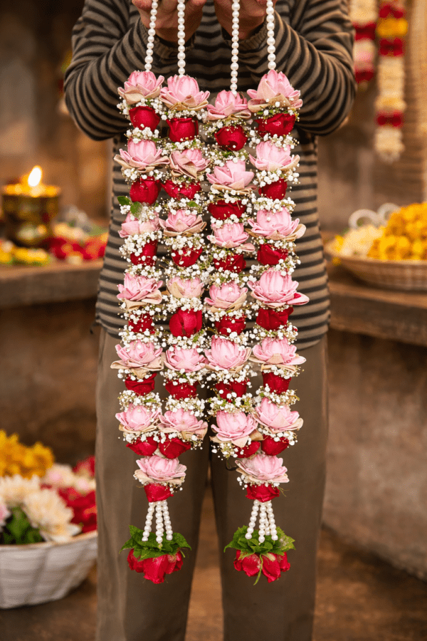 Premium Lotus & Red Rose Wedding Garland with Pearl Strings
